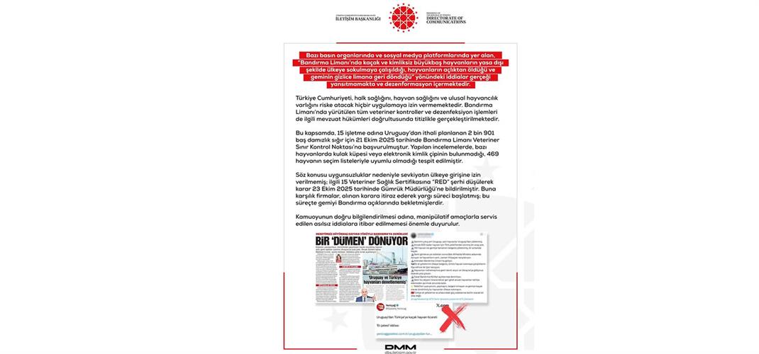 Bandırma Limanı’nda Kaçak hayvan girişiyle ilgili bazı basın organlarında ve sosyal medya platformlarında yer alan gerçeği yansıtmayan iddialar hakkında bigilendirme…